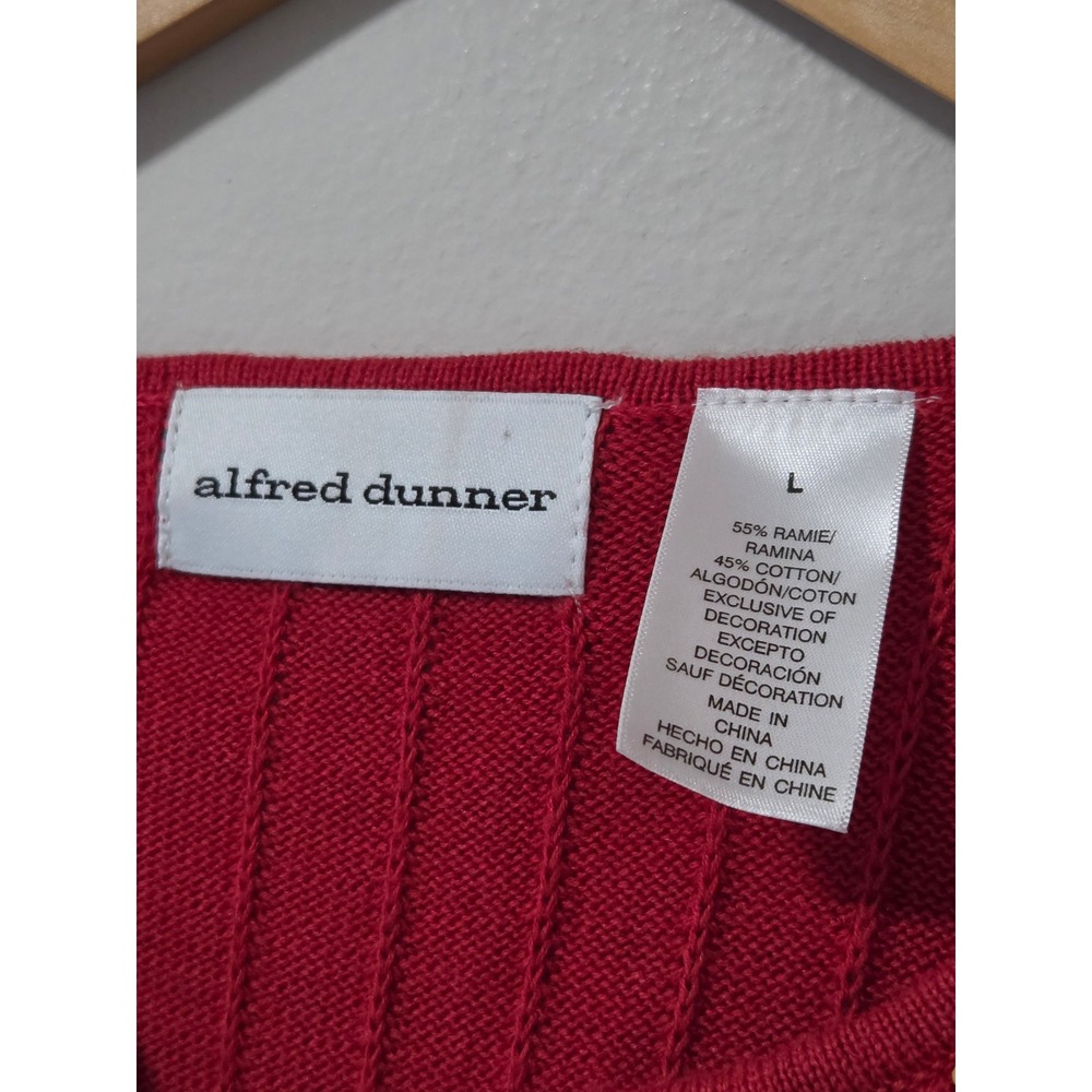 Alfred Dunner Womens Red Ribbed Knit Beaded Floral V-Neck Short Sleeve Sweater L - Picture 3 of 4